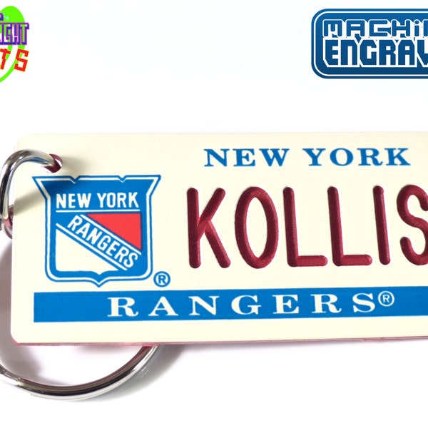 Personalized New York Rangers Keychain Tag - Vintage Retro KeyTag - Machine Engraved - Fan Souvenir - Coach Gift - Licensed NHL Key Ring