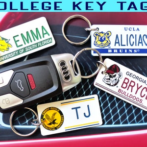 Personalized College University Keychain Tags - Machine Engraved - Retro - Freshman Alumni New Student Team Class - Key Ring Graduation Gift