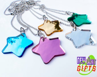 Stars Keychain / necklace - Shiny Blue Green Silver Yellow - Small Novelty Gifts - Kids Party Giveaways - Fun - Bag Backpack Tag - Boy Girl