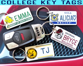 Personalized College University Keychain Tags - Machine Engraved - Retro Fob -Freshman Alumni New Student Class of- Key Ring Graduation Gift