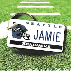 Personalized Seattle Seahawks Key Tag - Bag Charm Tag  - Engraved Football Bag Name Tags  - Retro Licensed NFL Keychain