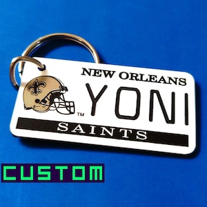 Personalized Saints Keychain - Custom Engraved Key Tag - New Orleans Football Fan Name Tags - Coach Team Gifts - Licensed NFL Key Ring Fob