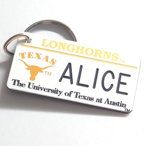 Personalized Longhorns Key Tag - Bag Charm Tag - Custom Engraved Keychain - College Bag Name Tags - Coach Keys Gift - Licensed NCAA Key Ring