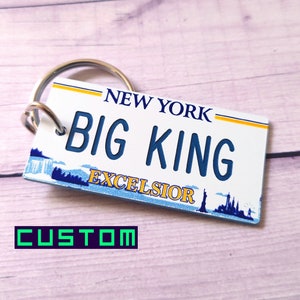 Personalized New York State Keychain - Custom Engraved Key Tag - NY Excelsior Key Ring - Travel Vacation Trip Name Souvenir Name Tags Gift