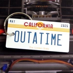 Personalized OUTATIME Keychain: Back to the Future DeLorean License Plate Bag Charm Tag