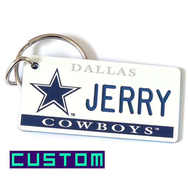 Etiqueta para bolso personalizada de los Dallas Cowboys - Llavero grabado personalizado - Regalo para fanáticos de los Cowboys - Etiquetas para nombre de bolso de fútbol americano - Llavero con licencia de la NFL