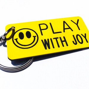Happy Face: Play with Joy- Motivational Keychain Tag - Vintage - Machine Engraved - Smile - Fun - Kids - Adults - Backpack Tag - Birthday