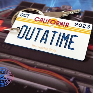 Personalized OUTATIME Back to the Future Keychain DeLorean Mini License Plate KeyTag - Custom Engraved Date - Fan Movie Gift- Retro Key Ring