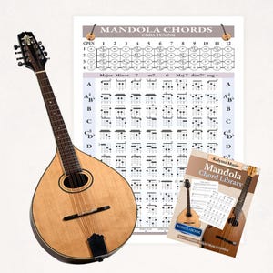 May include: A mandola with a natural wood finish, a chord chart, and a book titled "Mandola Chord Library." The chart displays mandola chords in CGDA tuning. The book includes a bonus ebook.