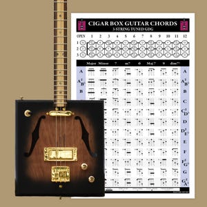 Puede incluir: Una guitarra hecha a mano con una caja de cigarros, con un cuerpo marrón oscuro y un mástil marrón claro. La guitarra tiene un puente y clavijas doradas. Una tabla con acordes de guitarra está al lado de la guitarra.