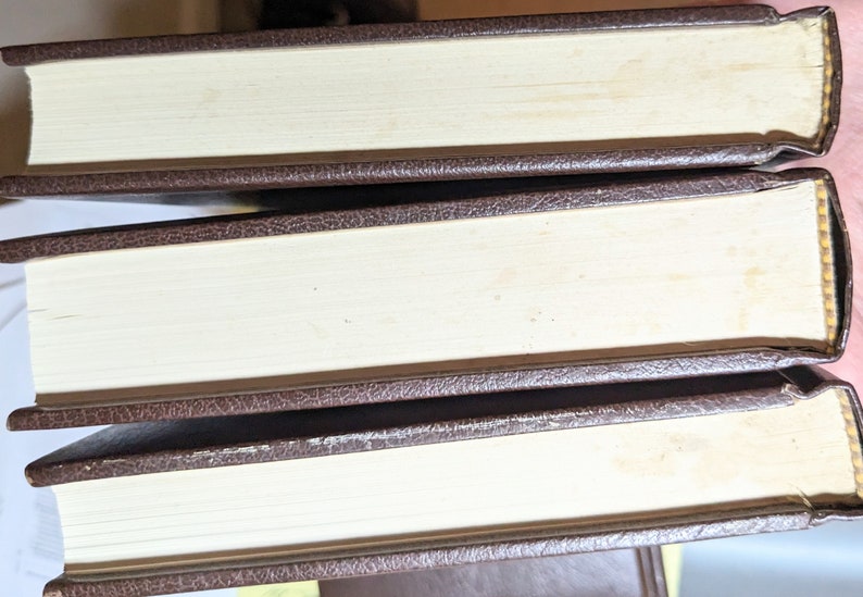 May include: Three hardcover books stacked horizontally, each featuring a dark brown textured cover. The pages are off-white with visible signs of age, including light yellowing and spotting along the edges of the paper blocks.