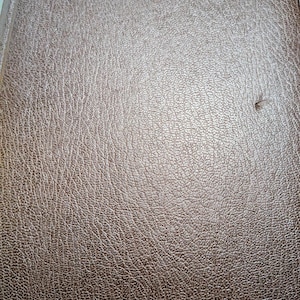 May include: A brown book with a textured, leather-like cover featuring a visible grain pattern. The bottom edge displays a partial, cursive gold-colored inscription. A small, dark indentation is present on the right side of the front cover.