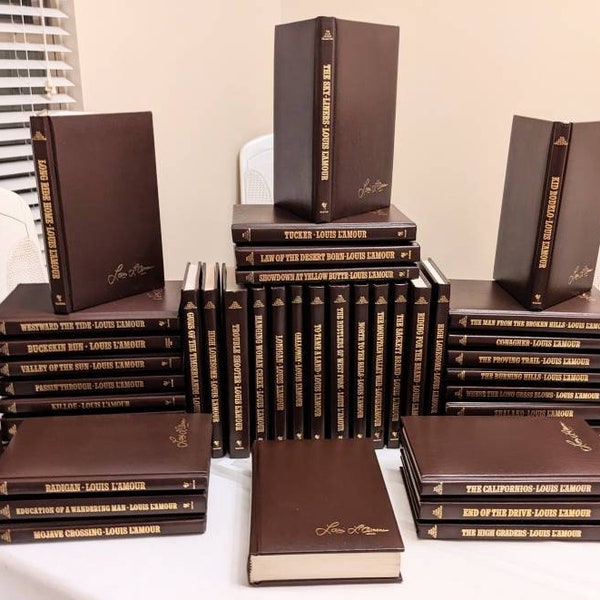 i com books name Louis L'Amour Books: Leatherette, Embossed Name on Front. 14 Dollars Each. Very Nice! American West, Trail Riders, Historical Fiction