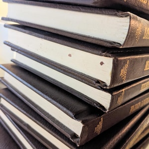 May include: A vertical stack of seven hardcover books with dark brown textured covers and white pages. The spines feature gold lettering that reads The Louis L'Amour Collection. Two small brown spots are visible on the edge of one book page.
