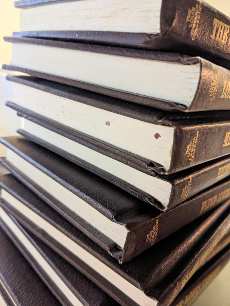 May include: A vertical stack of seven hardcover books with dark brown textured covers and white pages. The spines feature gold lettering that reads The Louis L'Amour Collection. Two small brown spots are visible on the edge of one book page.