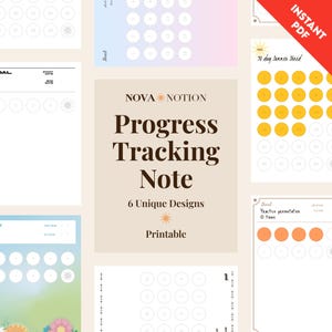 May include: A collection of printable progress tracking notes with various designs. The central image features the text "Progress Tracking Note" and "6 Unique Designs." The notes include circles for tracking goals and a red banner that says "Instant PDF."