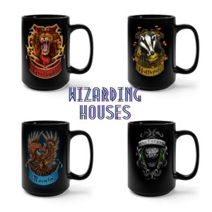 Wizard School Houses - Black Mug - 15oz - Coffee Mug - Ceramic Mug - Wizard House - Potter - Gift