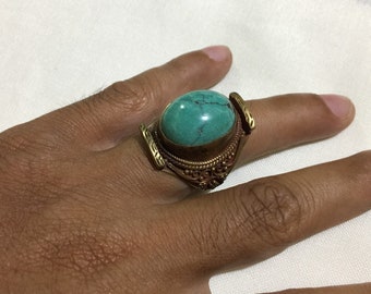 Men's Ring,Turquoise Ring Size10 US,Intaglio Ring,Handcraft Ring,Engrave Ring,Vintage Ring,Brass Ring,Afghan Ring,Flower Ring,Animal Ring