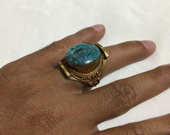 Men's Ring,Turquoise Ring Size10.5 US,Intaglio Ring,Handcraft Ring,Engrave Ring,Vintage Ring,Brass Ring,Afghan Ring,Flower Ring,Animal Ring