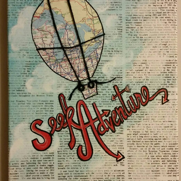 Vintage map hot air balloon  sign on newsprint canvas.  Seek Adventure.