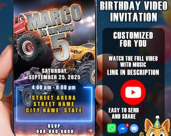 Animated Monster truck Birthday Video Invitation: Digital Party Invite