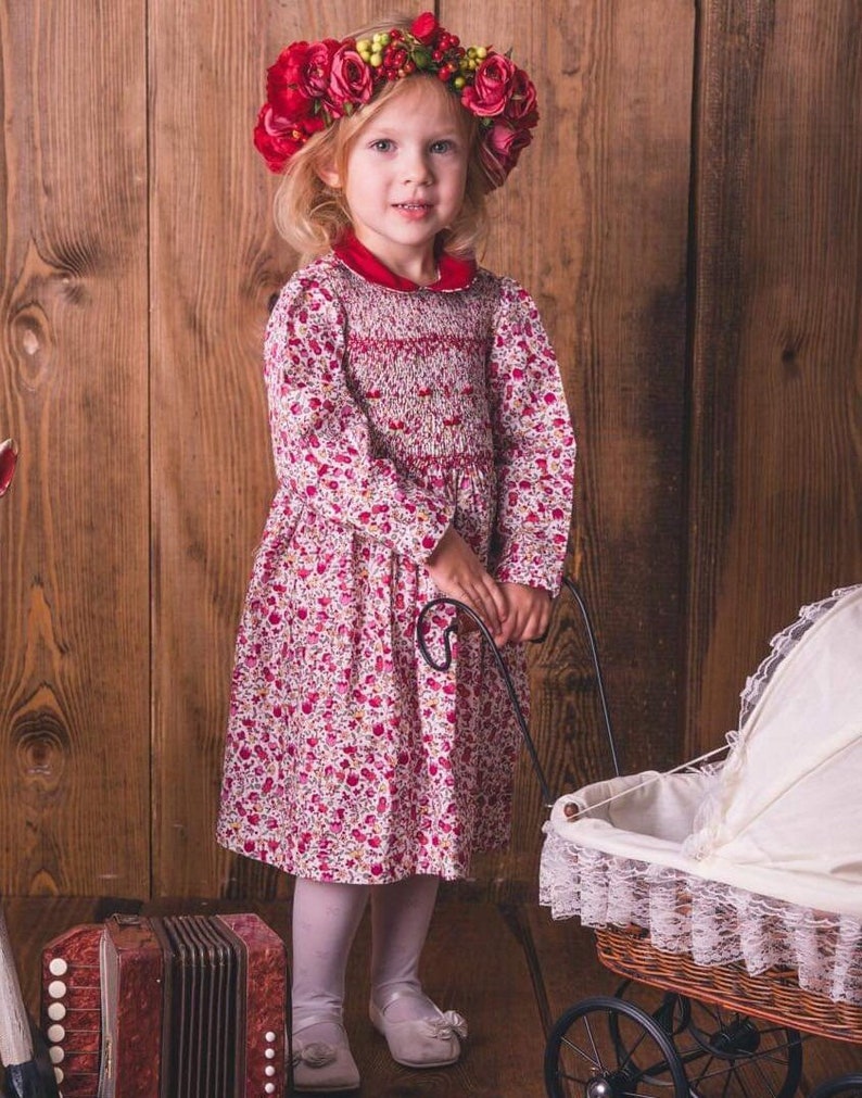 Vestito ai fiori rossi smocked dress