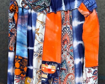4X Blues and Oranges Retro Campers Upcycled Boho Skirt, Eco Fashion,Recycled Clothing