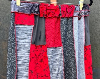 Large Reds and Grays Upcycled Boho Skirt, Eco Fashion,Recycled Clothing