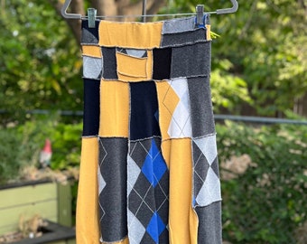Small Yellow and Gray Argyle Upcycled Skirt, Eco Fashion,Recycled Clothing