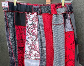 3X Reds and Grays Boho Upcycled Skirt, Eco Fashion,Recycled Clothing