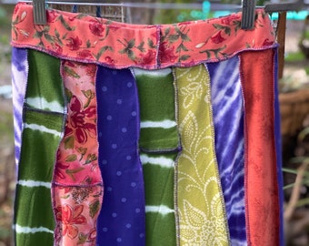 Medium Tie Dye Boho Upcycled Skirt, Floral Patchwork