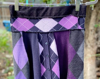 Small Purple and Gray Argyle Upcycled Skirt, Eco Fashion,Recycled Clothing