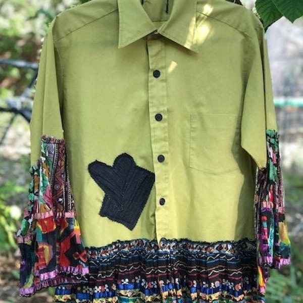 Large / Extra Large Upcycled Lime Green Blouse with Striped Ruffle and Heart Embellishment