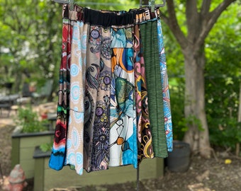 XL, Funky Prints Upcycled Boho Skirt, Eco Fashion,Recycled Clothing