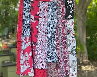 Large Ladies in Hats Red and Black Boho Upcycled Skirt, Eco Fashion,Recycled Clothing