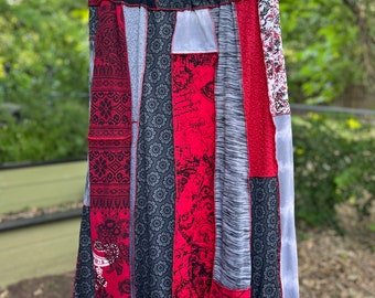 2X Reds and Grays Upcycled Boho Skirt, Eco Fashion,Recycled Clothing