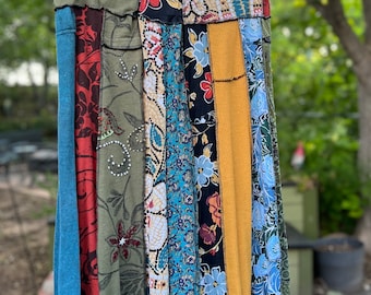 2X Blues and Golds Upcycled Boho Skirt, Eco Fashion,Recycled Clothing