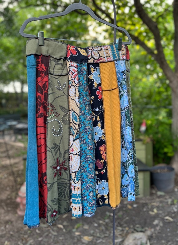 2X Blues and Golds Upcycled Boho Skirt, Eco Fashion,Recycled Clothing
