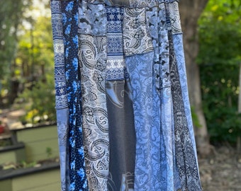 2X Blues Upcycled Boho Skirt, Eco Fashion,Recycled Clothing