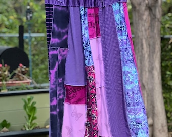 XL Pinks and Purples Colors Boho Upcycled Skirt, Eco Fashion,Recycled Clothing