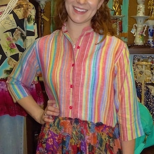 Medium / Large Upcycled Stripe Blouse with Fun Floral Ruffle