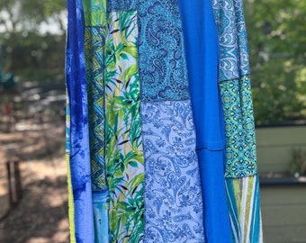 Large / Tall Lime Green and Blues Boho Upcycled Skirt, Eco Fashion,Recycled Clothing
