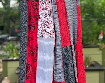 3X Reds and Grays Boho Upcycled Skirt, Eco Fashion,Recycled Clothing