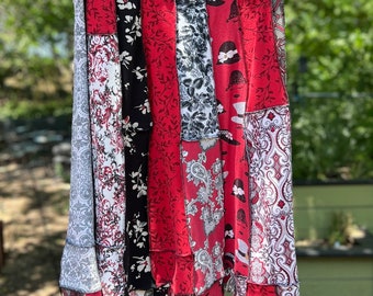 XL Ladies in Hats Red and Black Boho Upcycled Skirt, Eco Fashion,Recycled Clothing
