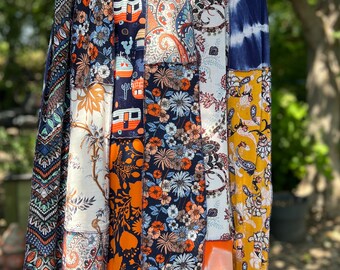 XL Blues and Oranges Retro Campers Boho Skirt, Eco Fashion,Recycled Clothing
