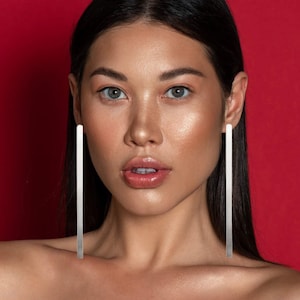 May include: A woman with long black hair wearing silver earrings. The earrings are long and straight.