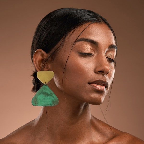 NEW COLLECTION Green patina dangle earrings Dangle brass earrings Statement brass earrings Post brass earrings