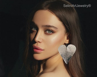 Silver heart earrings Oversize heart earrings Big heart earrings Aluminium earrings Boho heart earrings Valentine gift Wedding earrings