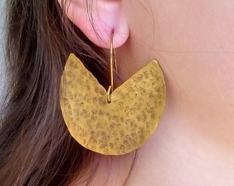 African brass earrings, brass dangle hook earrings, ethnic big earrings, patina earrings, cresent moon earrings, hammered brass earrings