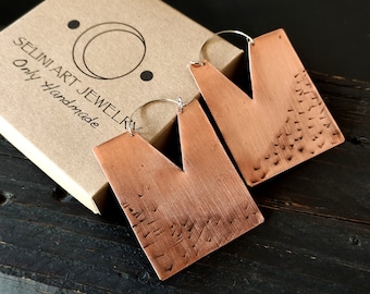 Pendientes geométricos de cobre con ganchos de plata 925, pendientes llamativos, pendientes de cobre, pendientes de cobre gruesos, pendientes de cobre rectangulares